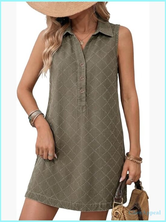 Dresses & Skirts - Sleeveless V-Neck Button Mini Jean Dress with Pockets